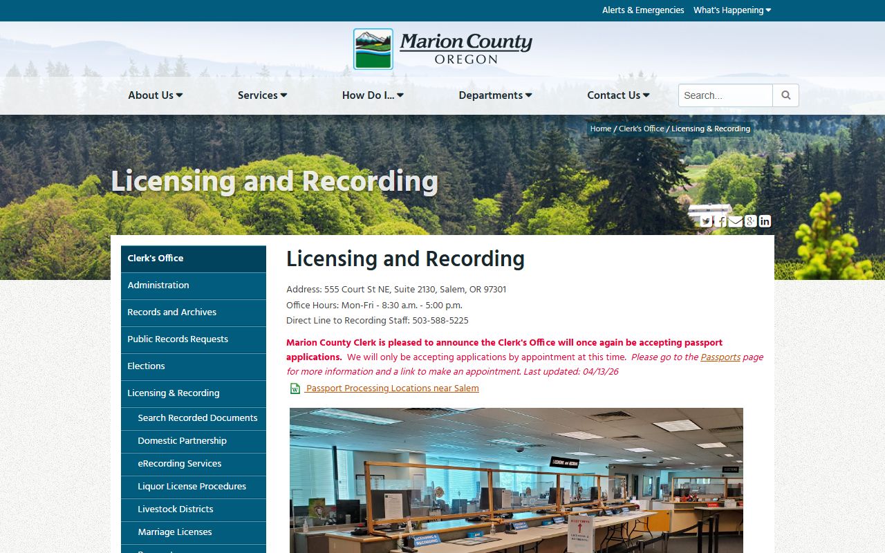 Marion County Clerk licensing and recording page showing county recording contact information