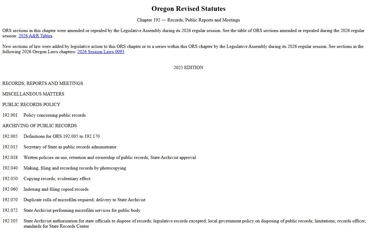 Oregon Revised Statutes Chapter 192 public records law page