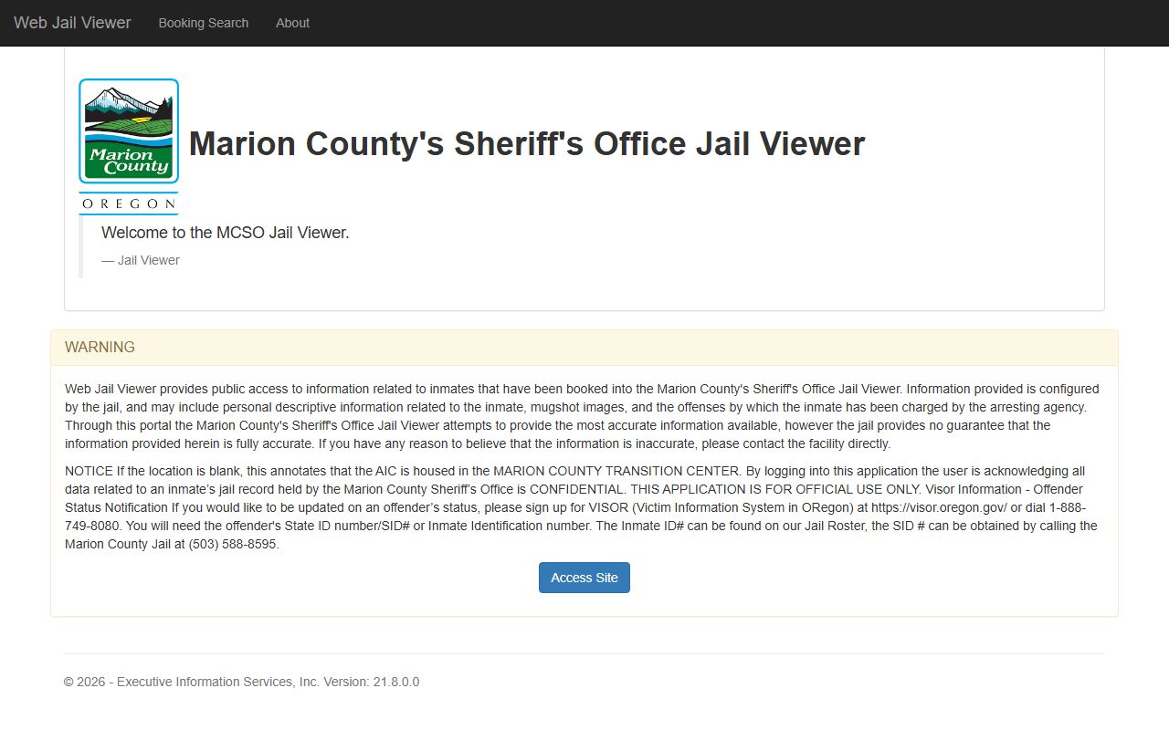 Marion County arrest records Jail Viewer warning page