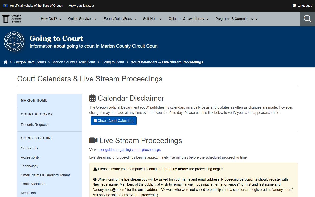 Marion County court dockets calendar and livestream page