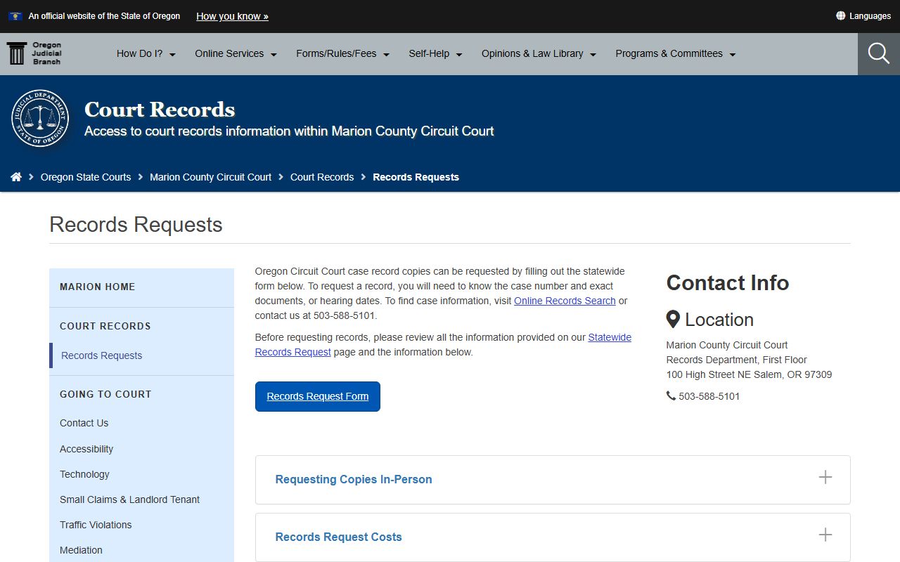Marion County court records request page for Circuit Court copies