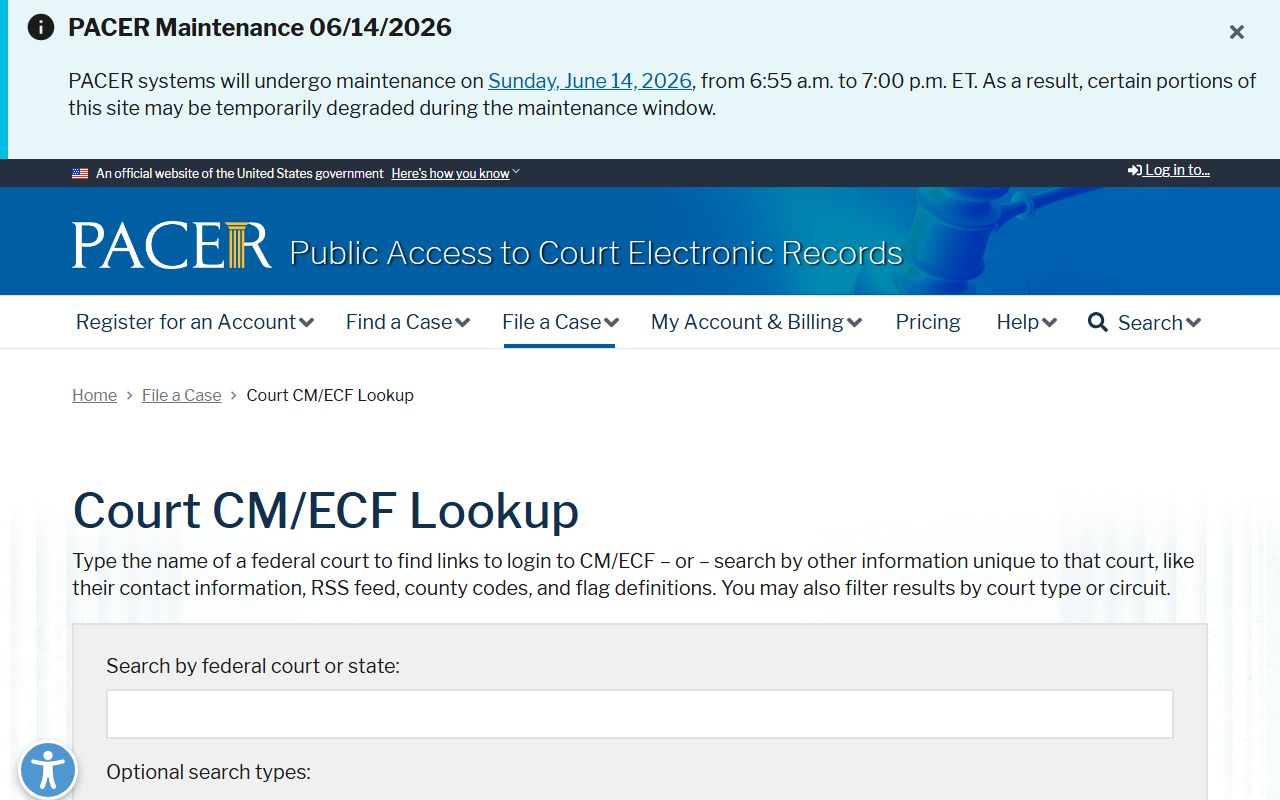 PACER CM ECF court lookup page