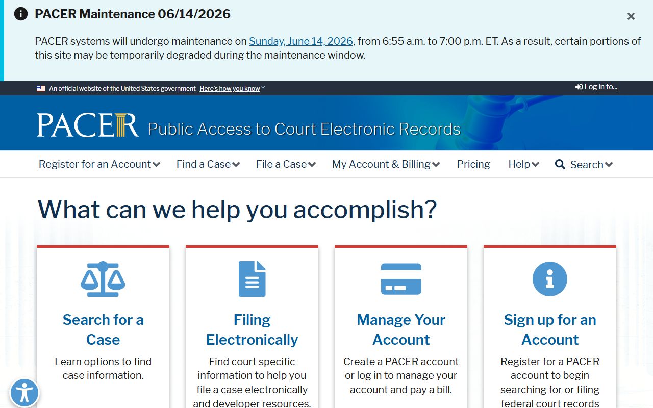 PACER federal court records homepage