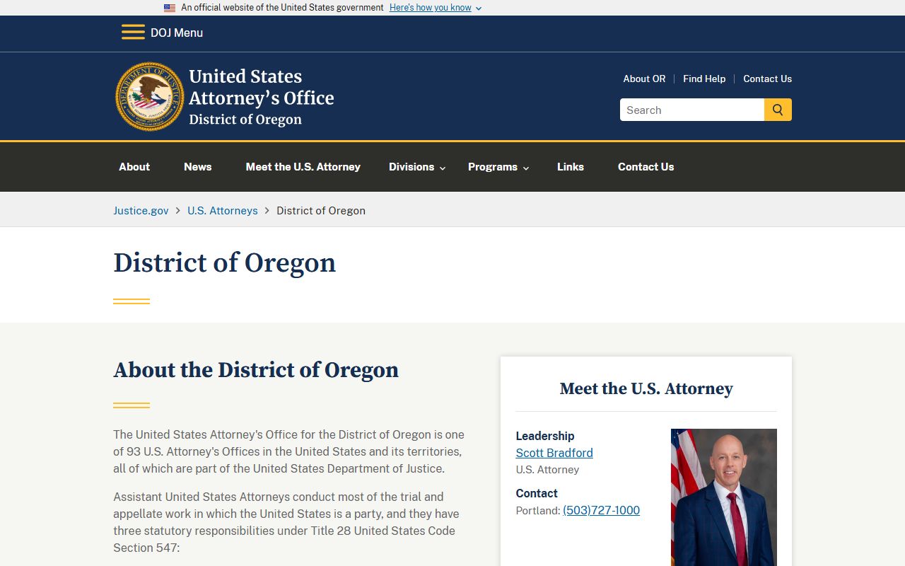 U.S. Attorney's Office for the District of Oregon page