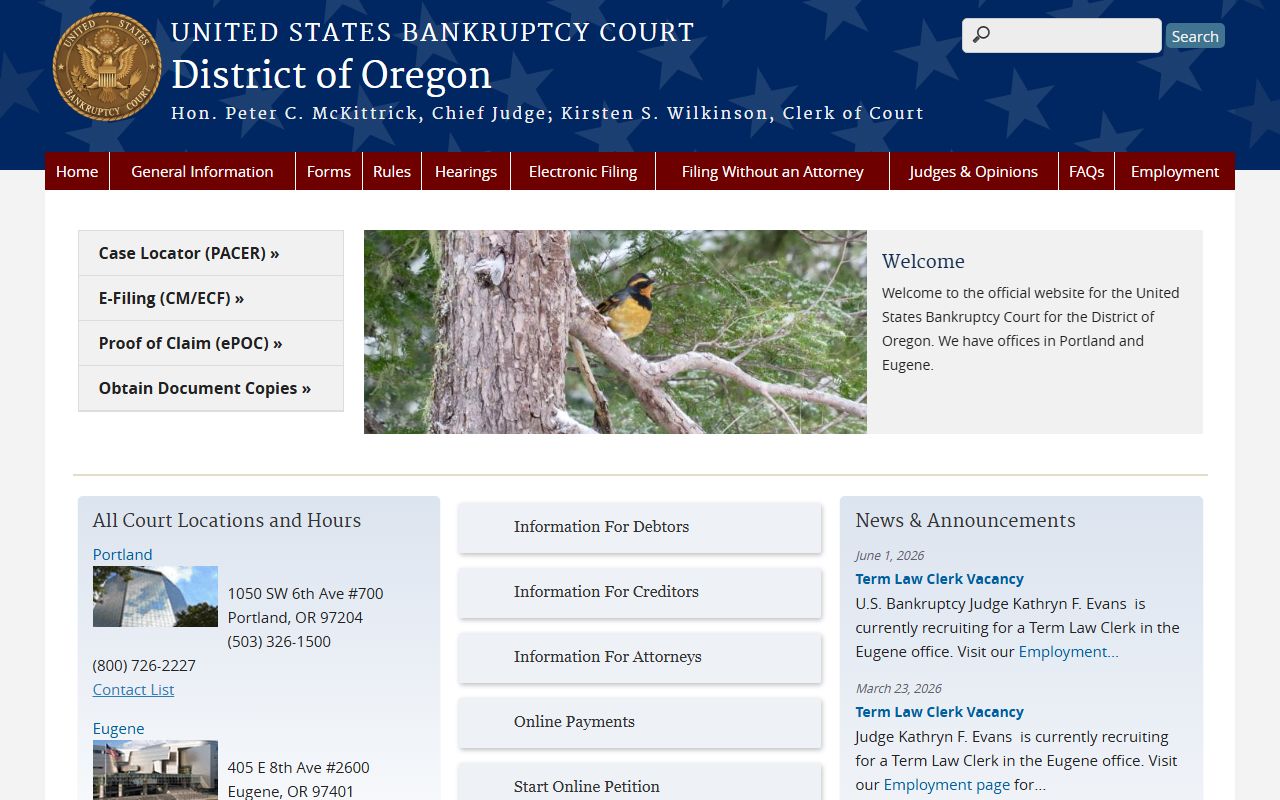 U.S. Bankruptcy Court for the District of Oregon homepage