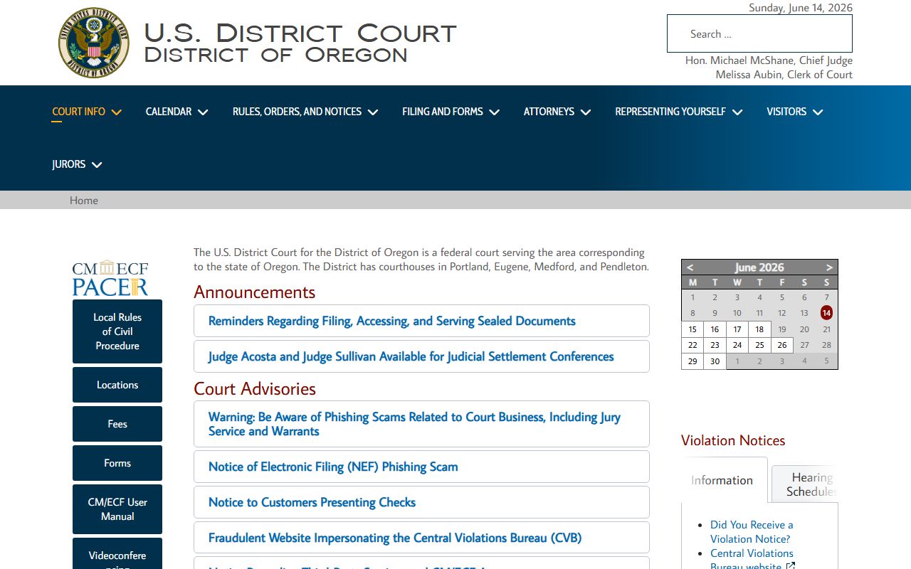 U.S. District Court for the District of Oregon homepage