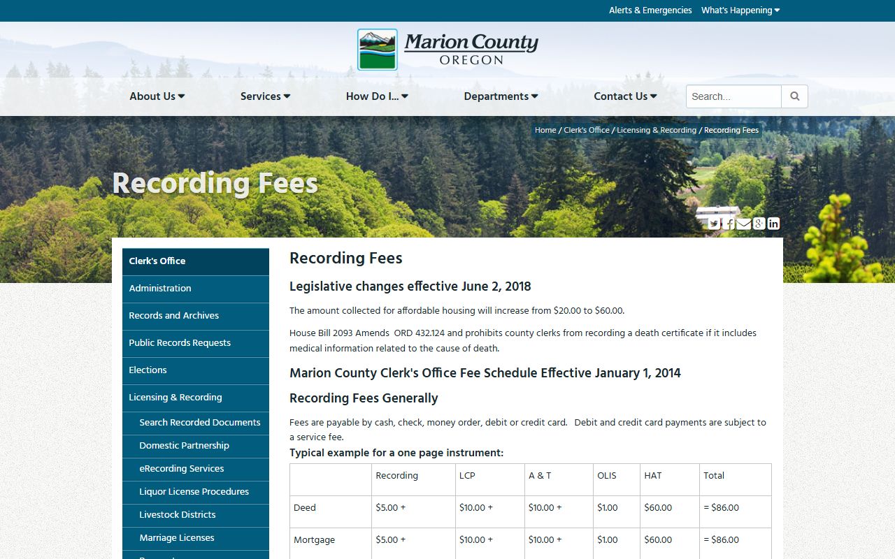 Marion County marriage divorce records County Clerk fees page