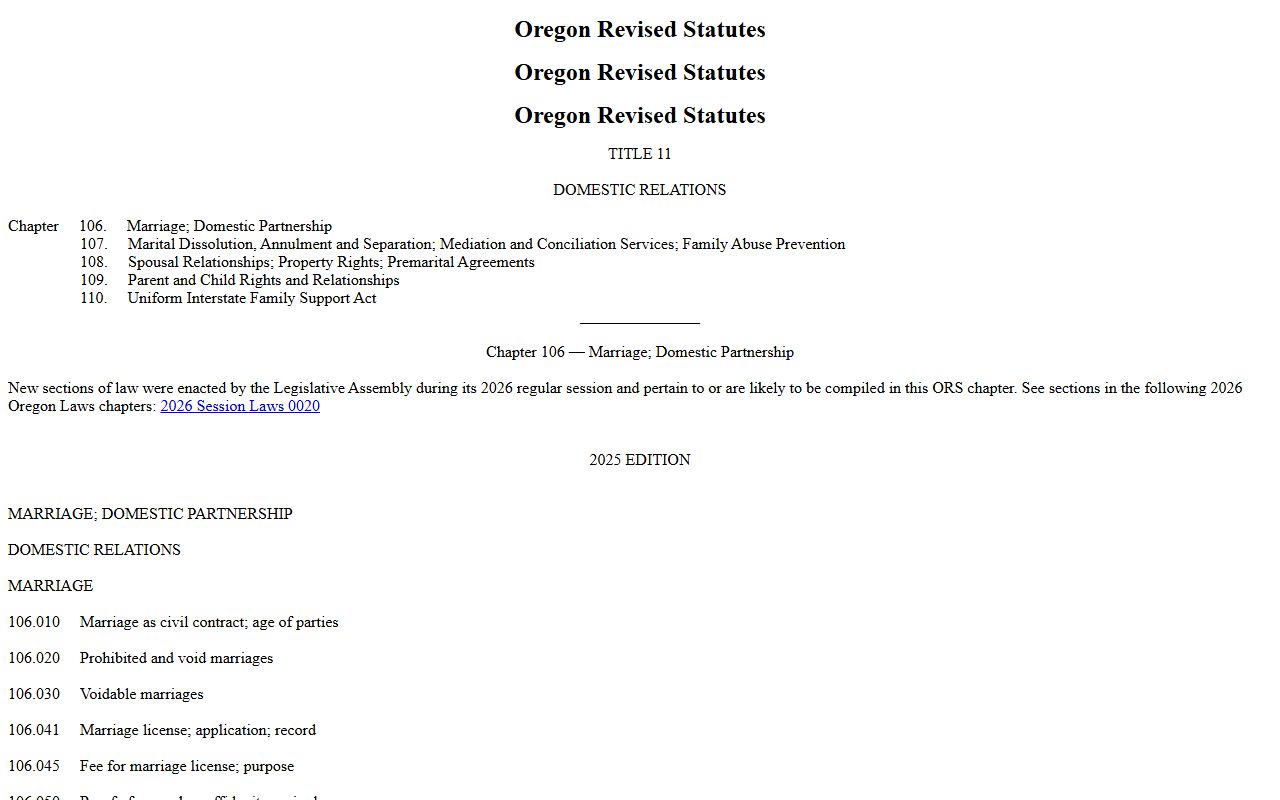 Marion County marriage divorce records ORS Chapter 106 marriage law