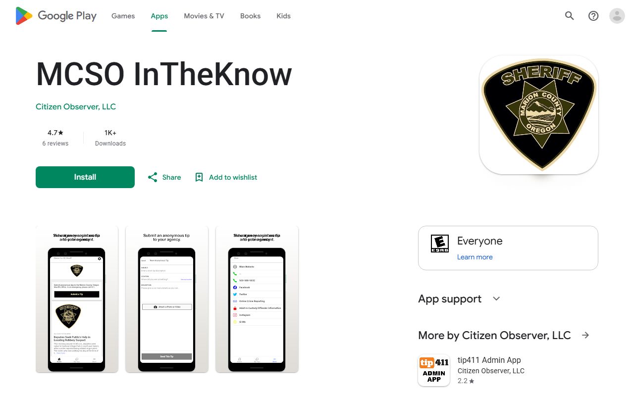 Marion County warrant records MCSO InTheKnow Google Play listing