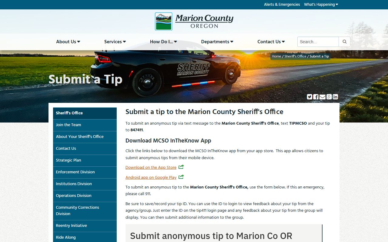 Marion County warrant records sheriff tip411 app page